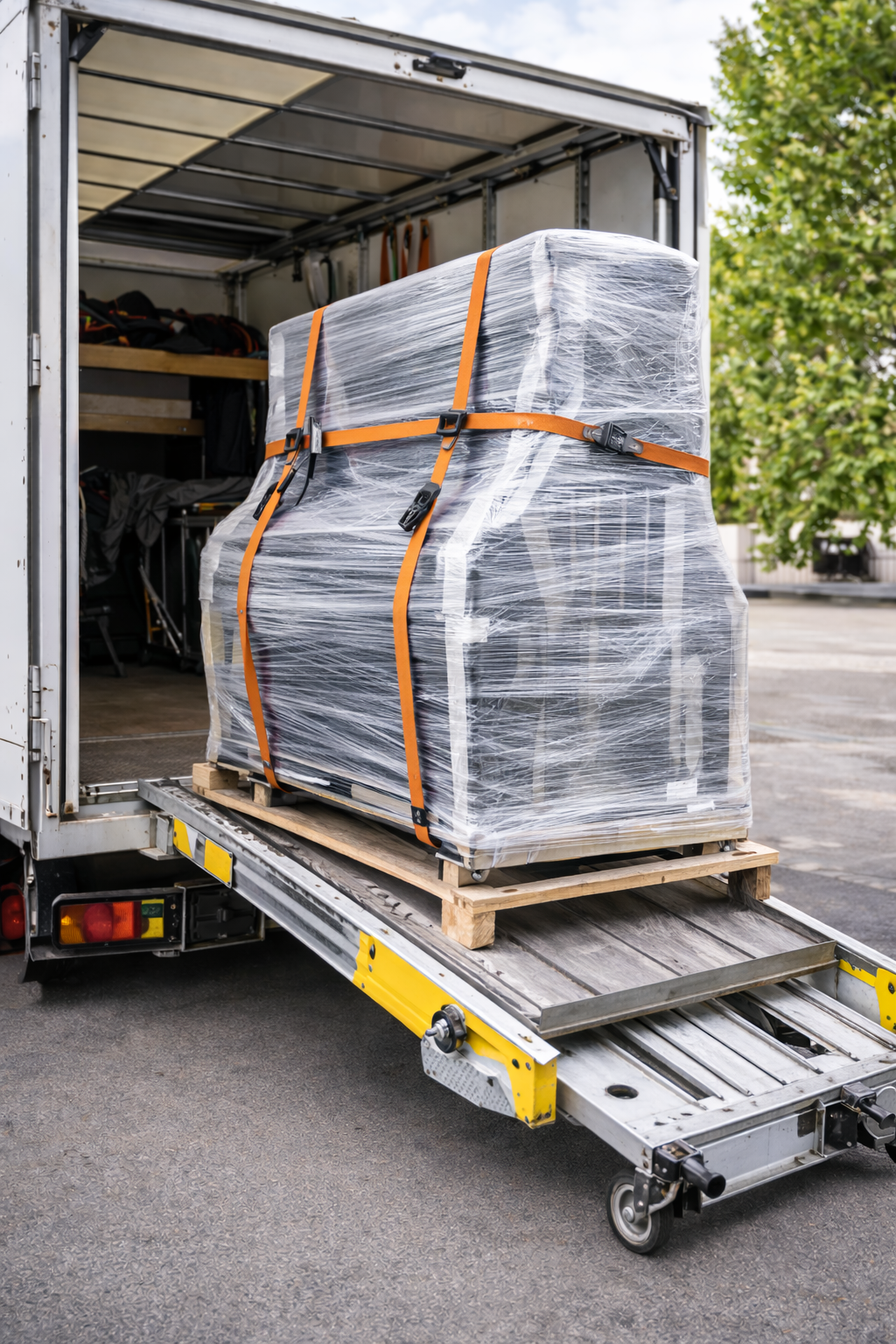 Sicher fixiertes Klavier im LKW